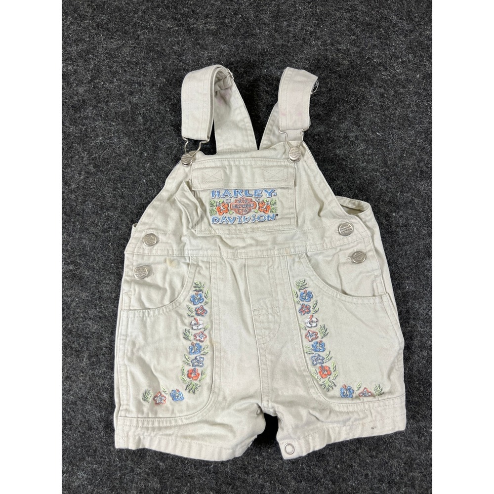 Vintage 90s Harley Davidson Baby Girls Floral Embroidered Tan Overalls 12M